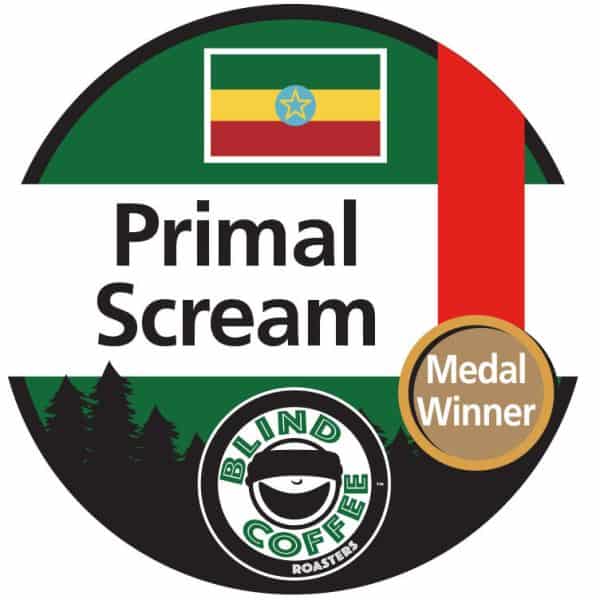 Primal Scream Icon with Blind Coffee logo and the Ethiopian flag and a medal