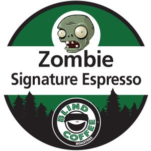 Zombie Espresso Icon with Blind Coffee logo and a zombie