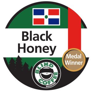 Black Honey Icon with Blind Coffee logo and the Dominican flag and a medal