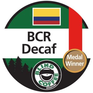 Decaf Icon with Blind Coffee logo and the Colombian flag and a medal