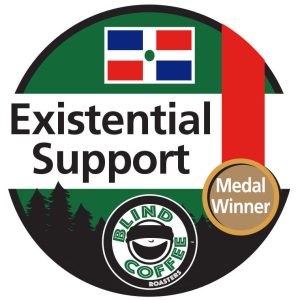 Existential Support Icon with Blind Coffee logo and the Dominican flag and a medal