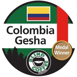 Gesha Icon with Blind Coffee logo and the Colombia flag and a medal