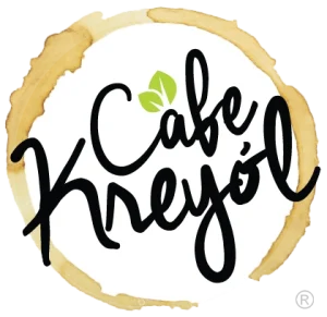 Cafe Kreyol Logo showing the name in cursive script surrounded by a coffee cup imprint