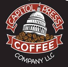 Capitol Press Coffee logo featuring the Oregon Capitol building on top of some coffee beans surrounded by red banners with the business name