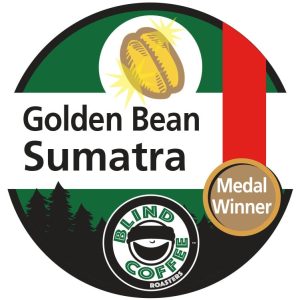 Golden Bean Sumatra Icon with Blind Coffee logo and shiny golden coffee bean