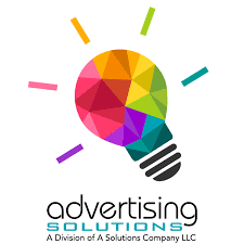 Advertising Solutions logo featuring a rainbow lightbulb with the business name below