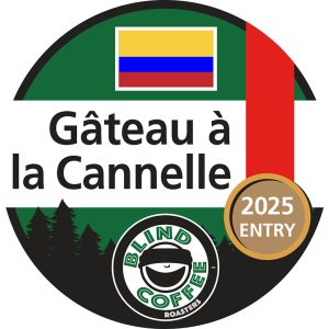 Gateau a la Cannelle Icon with Blind Coffee logo and Colombian flag and medal saying "2025 Entry"